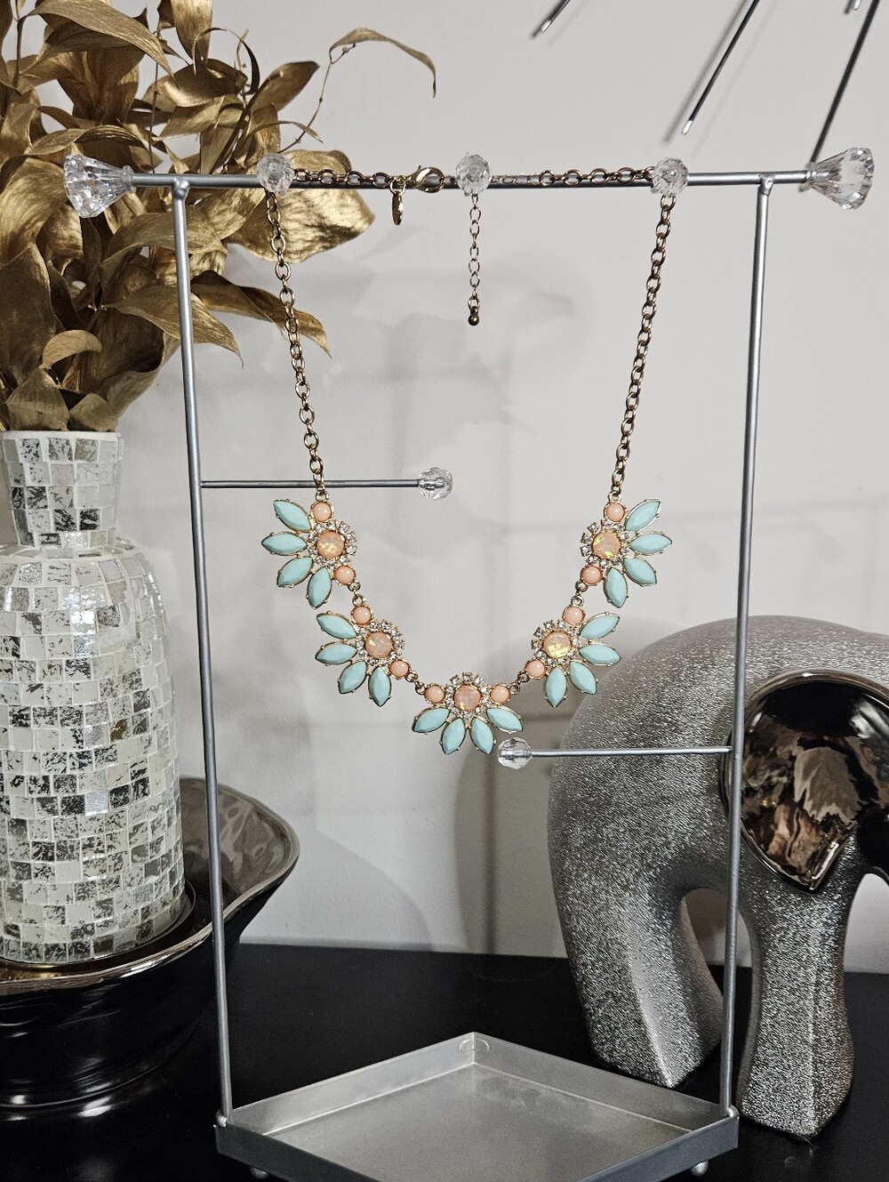 Charming Charley's Floral Bib Necklace in Mint & Peach, Adjustable Length